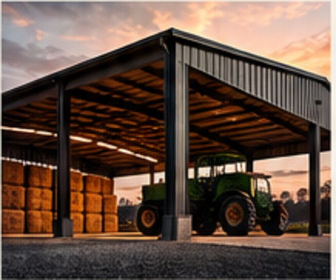 Concept image of a steel agricultural building in warm evening light